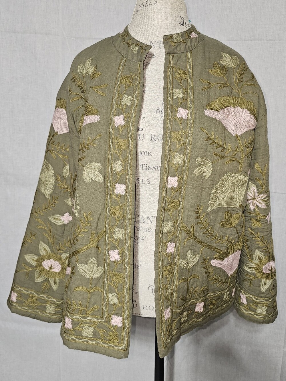 Olive Green Embroidered Floral Bomber Jacket